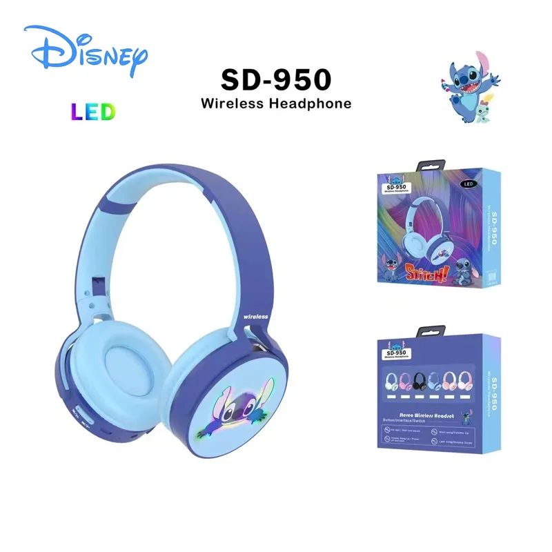 

New Disney LED Stitch Wireless Bluetooth Headphones SD-950 Foldable HIFI Stereo Sound Earphones Children Gift Anime Cartoon