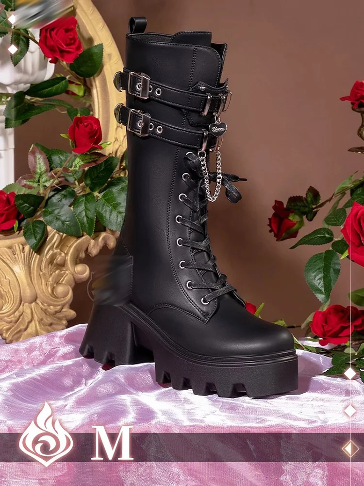 

Обувь для косплея Фонтейн ведьмой м, новая игра Genshin, ударная обувь, аксессуары, черные женские ботинки на шнуровке