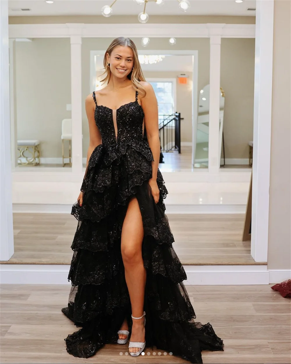 green emerald velvet dress Sparkly Black Long Prom Dress with Slit Sequin Evening Dresses – jkprom main image 0