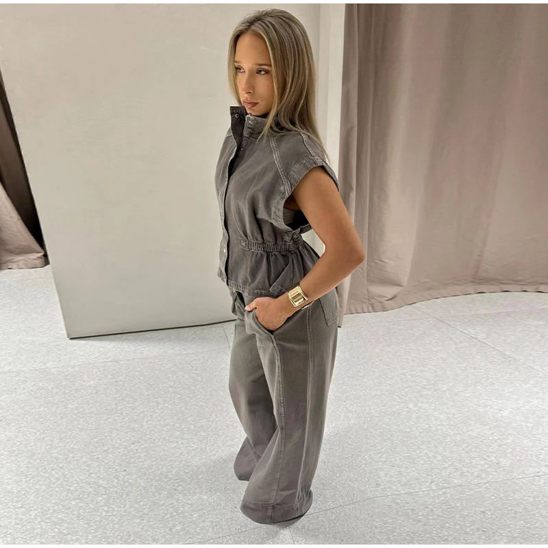 Damen Denim Zweiteiler Set Ärmellose Knopfleisten-Crop-Weste Hochgeschnittene Weite Hose Lässiges Tägliches Streetwear Mode-Outfit – Detail 10