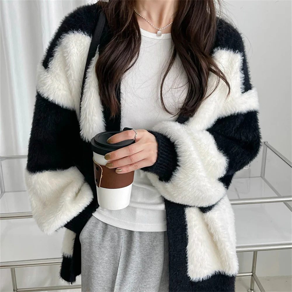 Alien Kitty Mink Hair Women Warm Coats Classic Winter Loose Soft New  Striped Chic OL Oversize Knitted Cardigans Casual Sweaters
