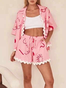 Women s Summer Loungewear Set Fashion Print Short Sleeve Lapel Button T-Shirt with Ric Rac Trim Shorts Sleepwear 4
