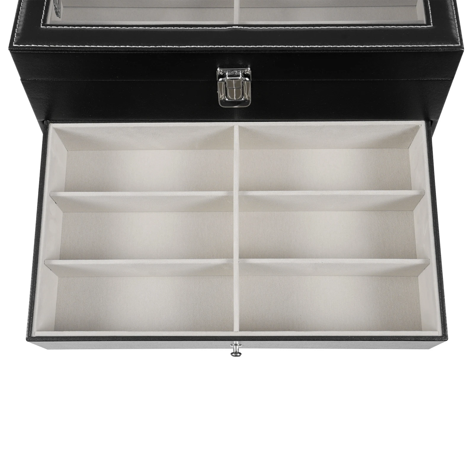 12-fache Uhren- und Brillen-Displaybox, Uhrenbox-Organizer, Aufbewahrungskoffer mit großem Glasdeckel – Detail 11