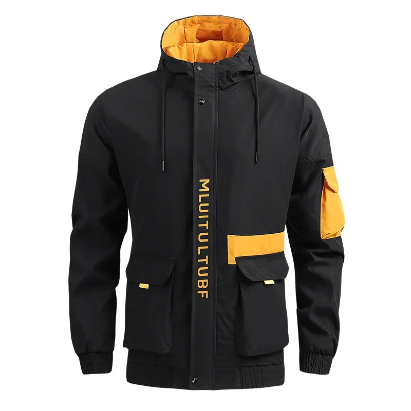 2023 Mens Fashion Zipper Cargo Jackets Casual Bomber Jacket Male Streetwear Print Hooded Coats Men Autumn Slim Outwears Clothing sweater cardigan men autumn winter fleece thick warm loose zip up coat hombre brown navy blue jumper male y2k jackets blazers