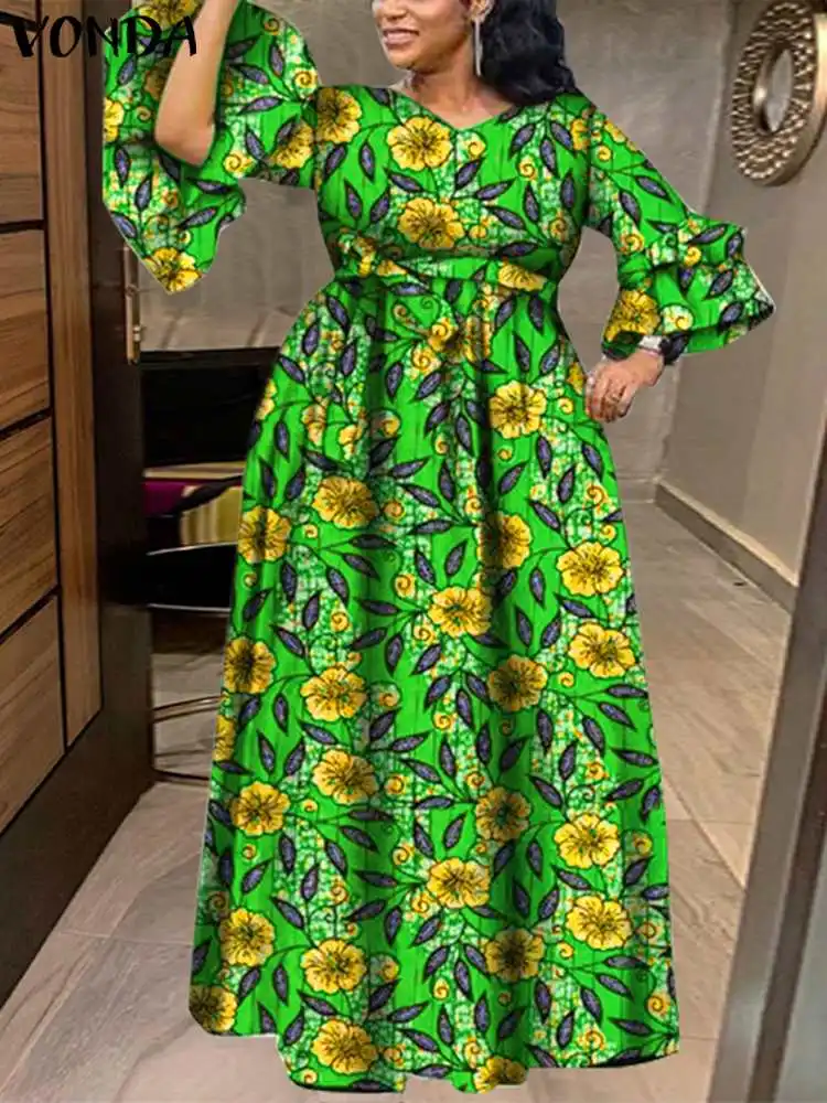 

Evening Dress Elegant Women Bohemian Floral Printed Dresses VONDA 2024 Sexy V-Neck Long Sleeve Ruffled Vestido Casual Loose Robe
