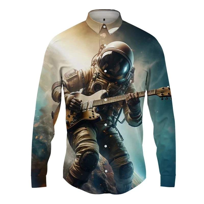 thumbnail image 1 of Camisetas con estampado 3D de astronauta espacial para hombre, camisetas casuales de manga larga con botones, ropa de calle, blusa de gran tamaño para hombre, 1 of 5