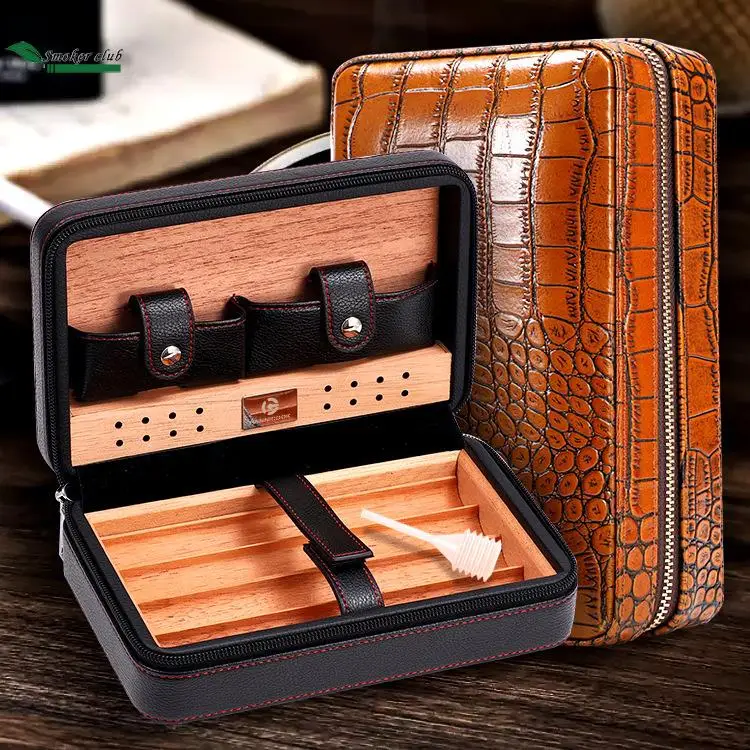 Hannicook Leather Cigar Humidor Box Travel Portable Cedar Wood Cigar