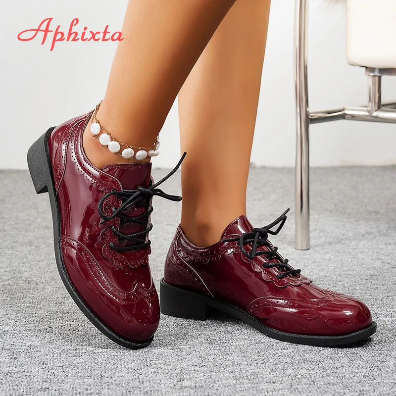 Aphixta New 3.5cm Pointed Toe Patent Leather Shoes Women Loafers Wine Red Square Heels Shoes For Woman Student Footwear