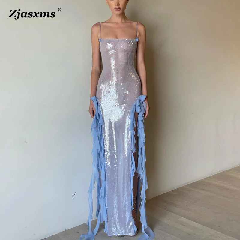 

Sexy Sleeveless Perspective Sequin Flower Edge Slip Long Dress Women Slash Neck Lace-up Evening Dress Female Holiday Beach Dress