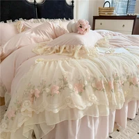 4Pcs Princess Wedding Bedding Set Korean Style Lace Flowers Embroidery Duvet Cover Bed Sheet/Fitted Sheet/Bed Skirt Pillowcases 1