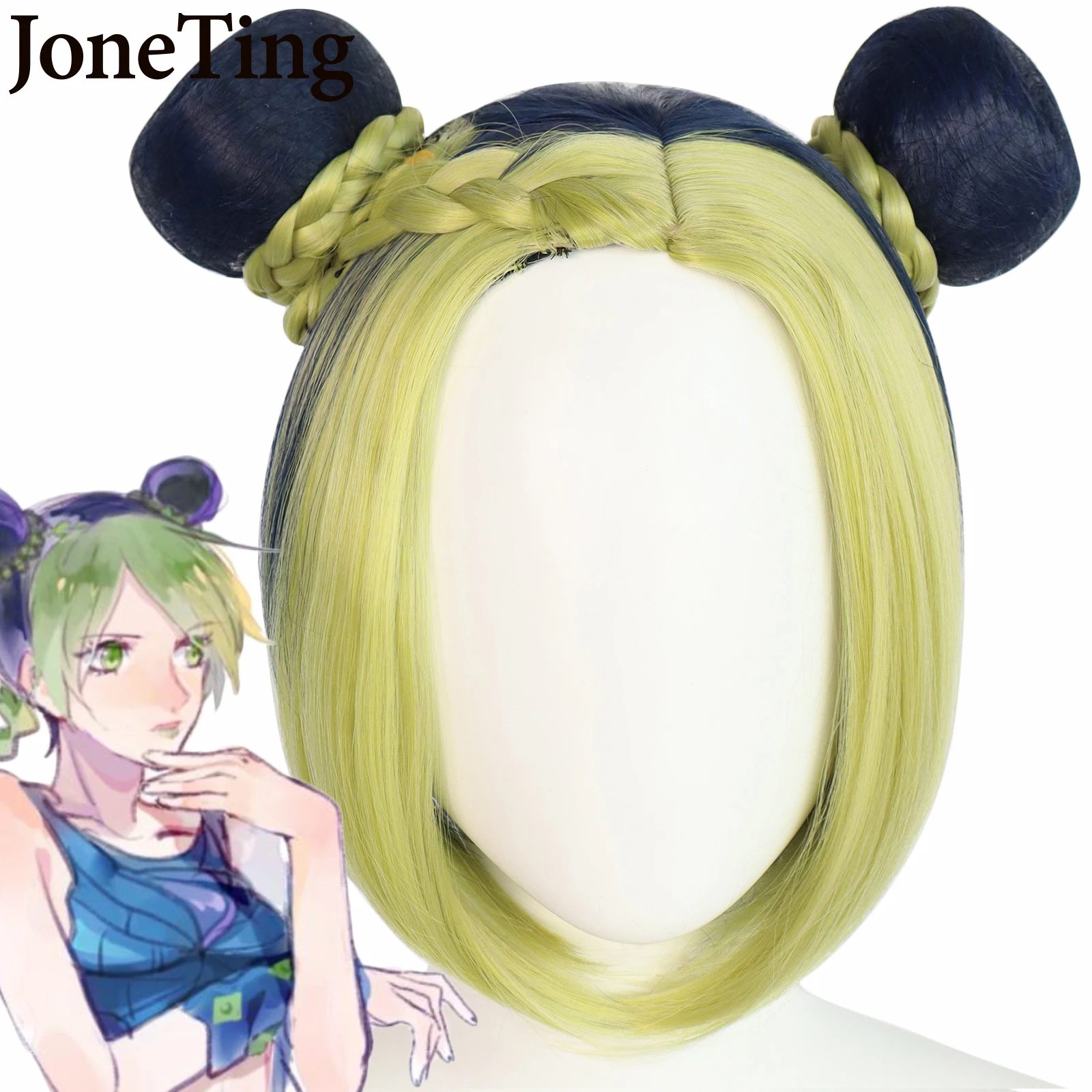 JT Synthetic Cujoh Jolyne Cosplay Wigs JOJO Bizarre Adventure Cosplay Costume Dark Blue Cyan Mixed Color Braid Short Hair summer white men suits pants blue groom wedding tuxedos red man blazers ivory costume homme slim fit terno masculino 2 piece