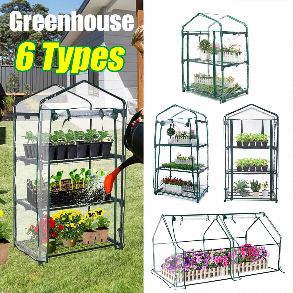 

6 Types Walk-in Greenhouse Replacement Cover Flowers Plants Warm for Outdoor Indoor PVC Greenhouse Cover with Zipper and Shelf