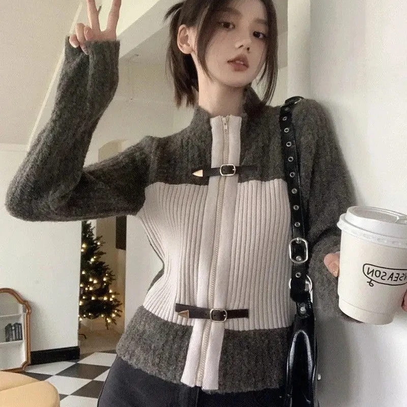 

DUOFAN Half High Collar Contrast Color Cardigans Fall Winter Vintage Zippers Belts Buckle Design Sweaters Chic Slim Y2k Jumpers