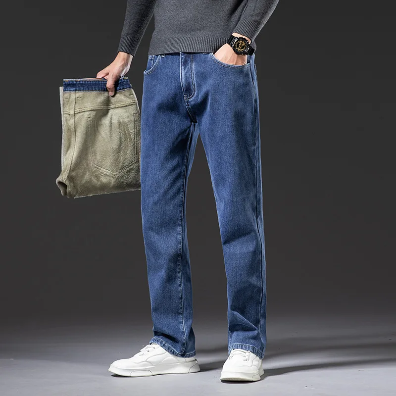 

High Quality Winter Men's Jeans Y2K Loose Business Fleece Thick Jeans Stretch Warm Men's Trousers Fashionable Men's Clothes