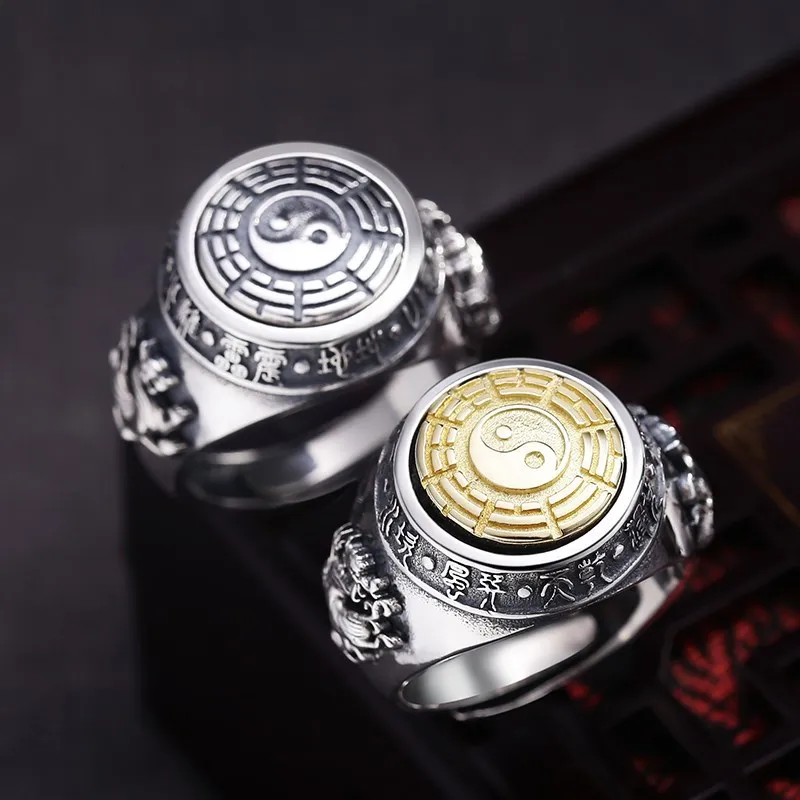 

Tai Chi Eight Trigrams Rotating Ring Male Thai Silver Vintage Green Dragon White Tiger Food Ring 925 Pure Silver Dominant Ring T