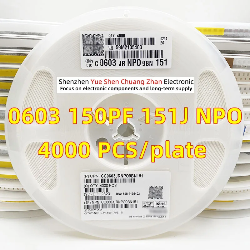 Patch Capacitor 0603 150PF 150P 151J 50V Error 5% Material NPO/COG Genuine capacitor（Whole Disk 4000 PCS）