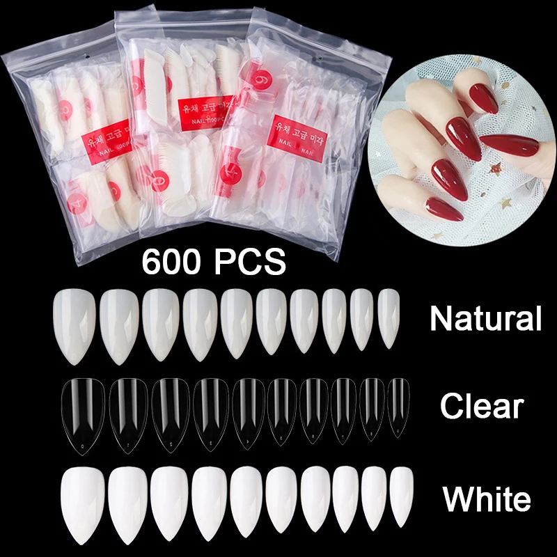 

600PCS Per Pack Short Stiletto False Nail Tips Almond Shape Fake Nails Art 10 Sizes Acrylic Artificial Press On Nails Salon Tips