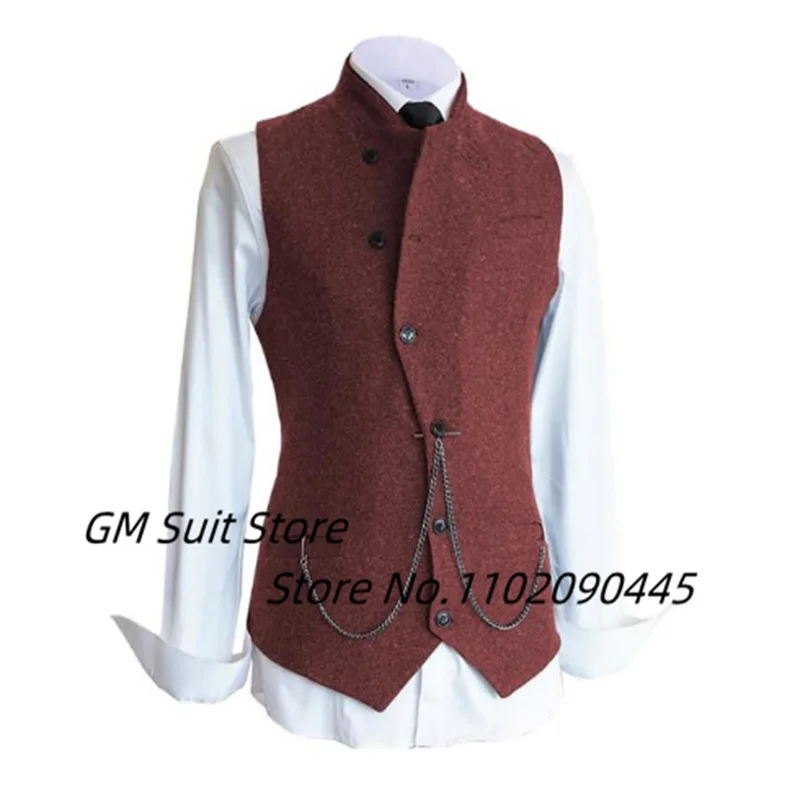 Men's Suit Vest Casual Slim Fit Wool Tweed Stand Collar Business Herringbone Single Breasted Groomsman Jacket Wedding Party