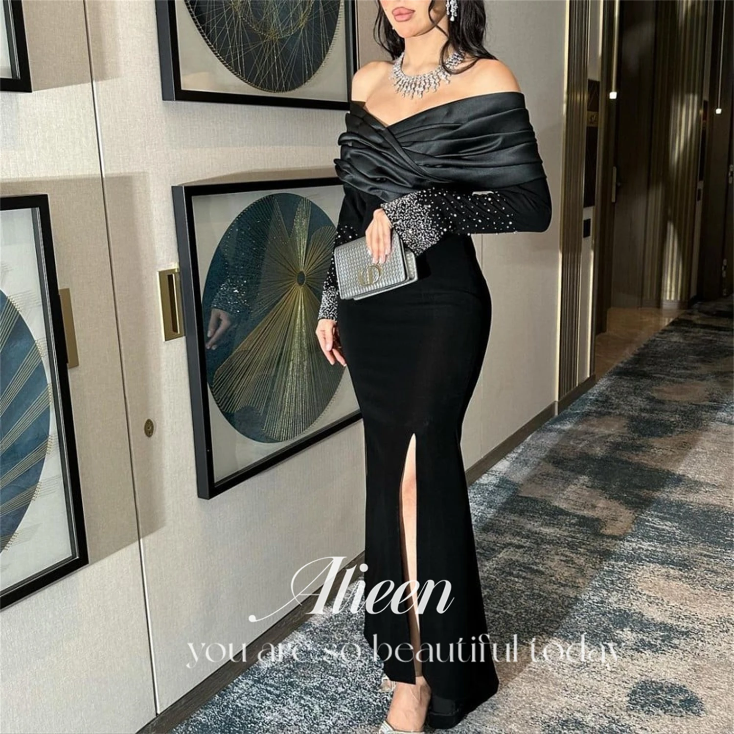 

Aileen Black Mermaid Diamond-studded Off-the-shoulder Side Slit Party Dresses Elegant Women Luxury Special Events Pretty Women's
