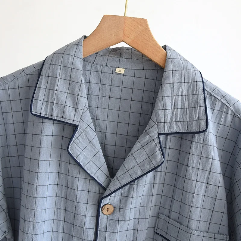 Men Trousers Pajamas Set Spring Summer Thin Plaid Design Cotton Fabric Short Sleeved Long Pants