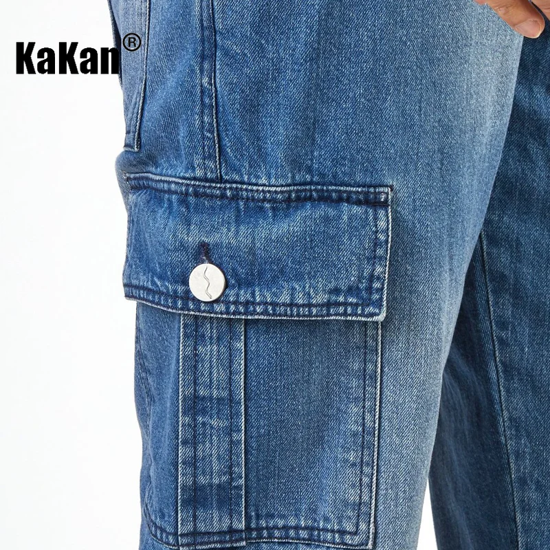 Kakan - European and American New Street Trendsetter Multi Pocket Men's Suspender Jeans, Blue Suspender Jumpsuit Jeans K34-667