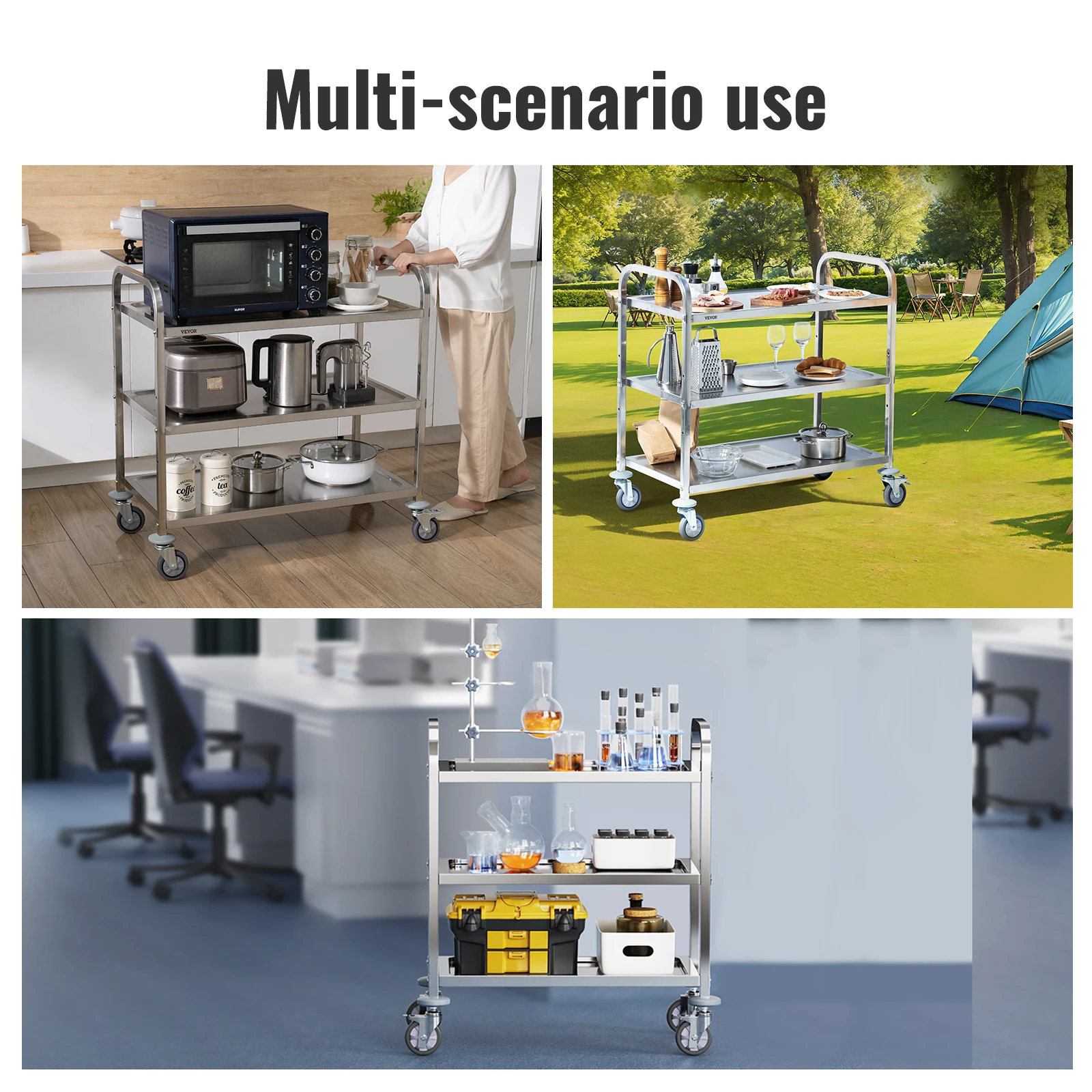 Stainless Steel Utility Cart with Lockable Wheels for Lab Clinic Kitchen