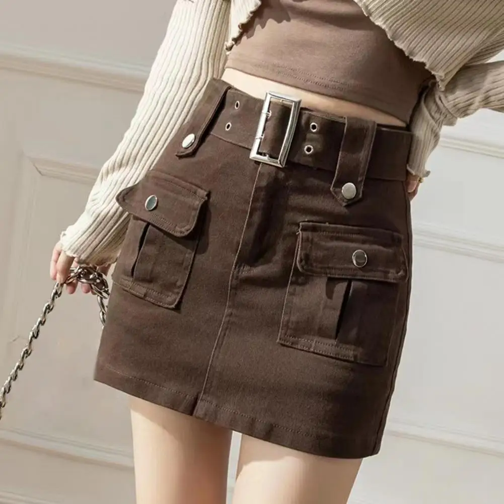

Women Mini Skirt Korean Style High Waist Mini Skirt with Belt Big Pocket Cargo Shorts Lady Culotte Skirt Streetwear for Women