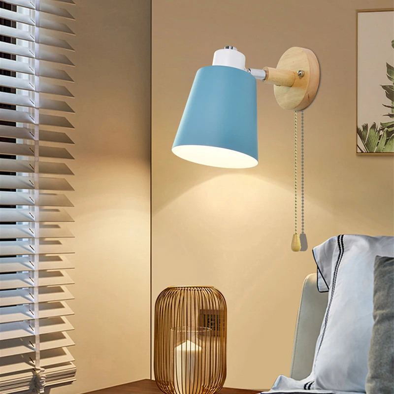 

Nordic Wooden Pull Chain Switch LED Wall Lamp Macaroon Design 90° Rotatable Light for Living Room Corridor Bedroom and Bedside