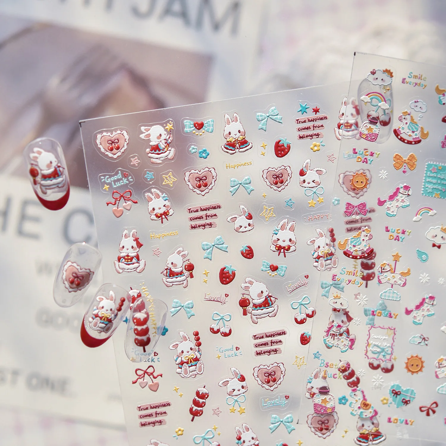 5D 양각 네일 스티커 귀여운 무지개 흰 말 토끼 개 Bowknot 네일 아트 스티커 3D 장식 데칼 DIY 매니큐어 스티커