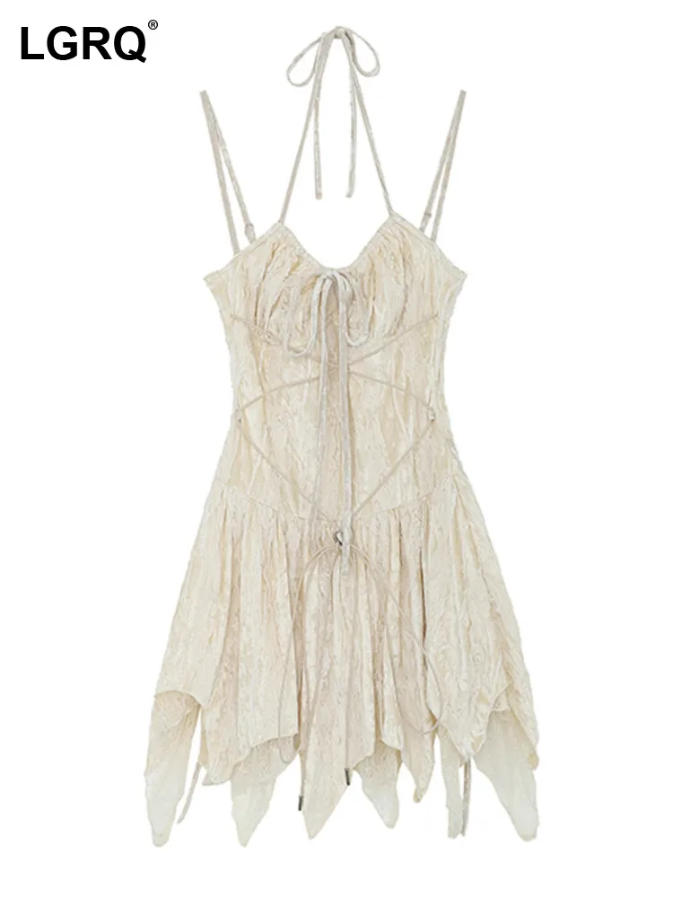 

LGRQ Women's Lace High Quality Slip Dress Niche Design Asymmetric Hem Clothes New Sexy Beach Short Dresses 2024 Summer 19J5641