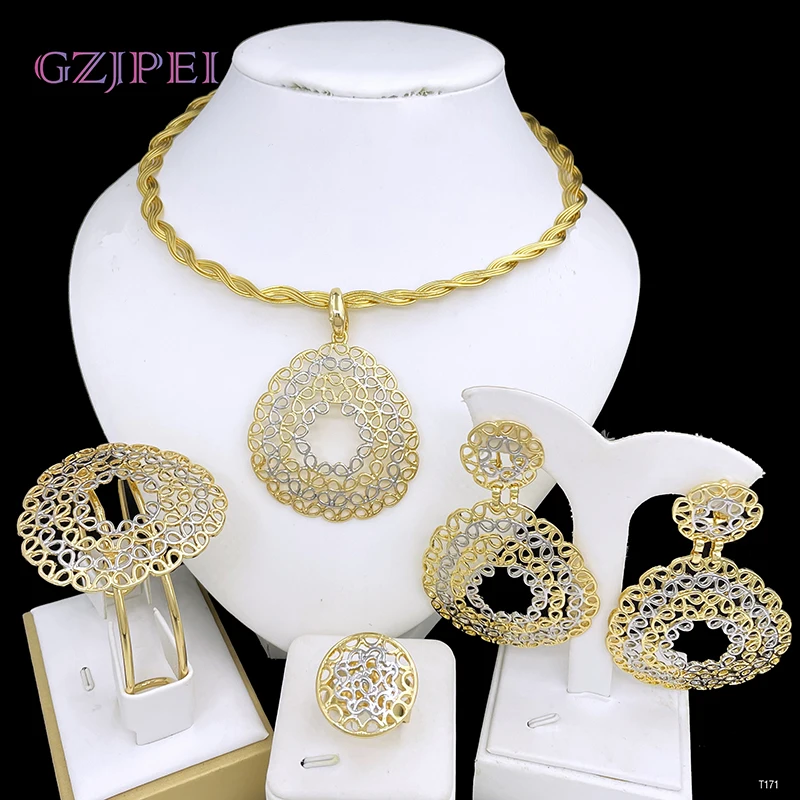 

Luxury Women Jewelry Set 18K Gold Plated Elegant Two Tone Big Drop Earrings Accessories Necklace Ring Bracelet Dubai Set Jewelry