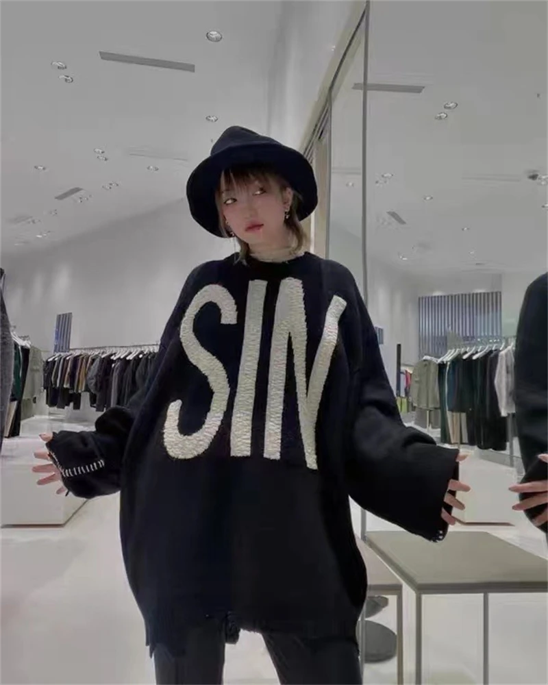 

Новый 23SS Вязаный жаккардовый свитер Saint Michael SIN для мужчин и женщин, черный Повседневный свитер с дырками, модель свитшот с круглым вырезом Goth