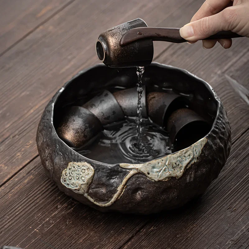 Japanese Gilding Iron Glaze Lotus Seedpod Tea Washing Basin Ceremony Dust Cylinder Barrel Washing Cup