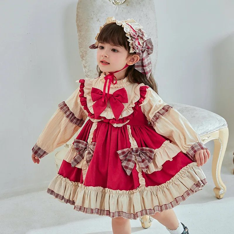 Lolita Girl Kawaii Costume with Bowknot Princess Christmas Ball Gown Party Baby Dresses Headdress Cute New Year Red Shaggy Skirt