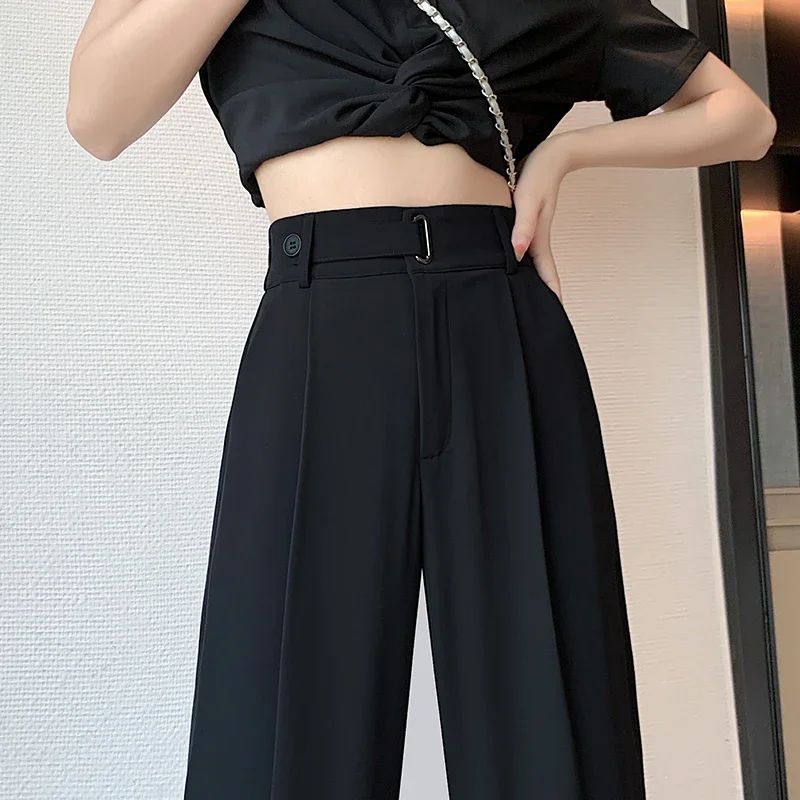 thumbnail image 1 of Pantalones holgados de cintura alta de color liso para mujer, pantalón informal de verano de Seúl, pierna ancha, elegante, para oficina, 2025, 1 of 5