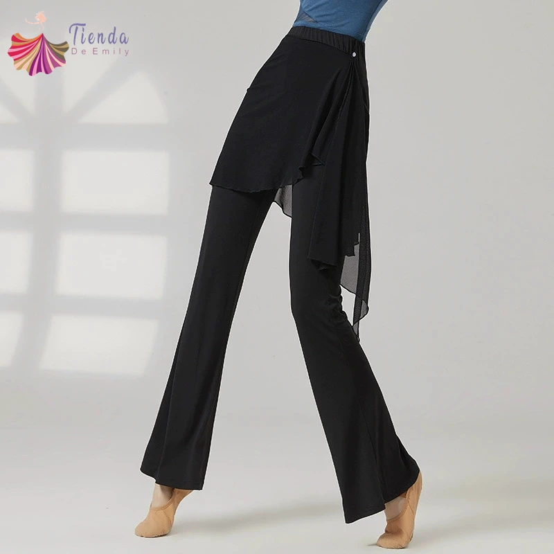 Dance Pants Women Long Microflared Latin Trousers Mesh Wrap Skirt Classical Practice Costume Stage Line Dancewear