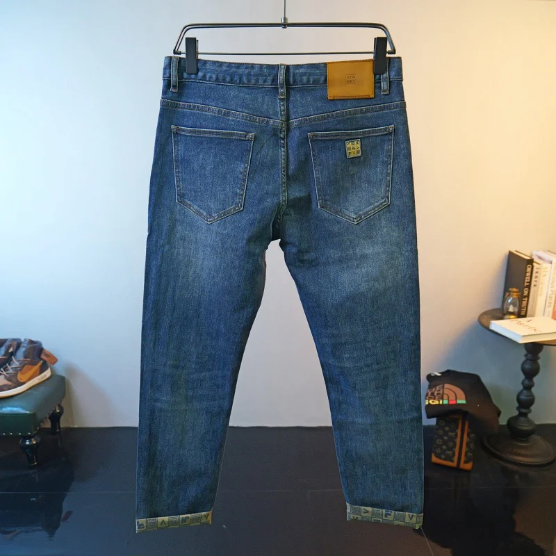 Chinese Fashion Embroidered Printed Jeans Men's Casual All-Match Fashion High-End Stretch Slim Fit Ankle Tight Trousers Men's