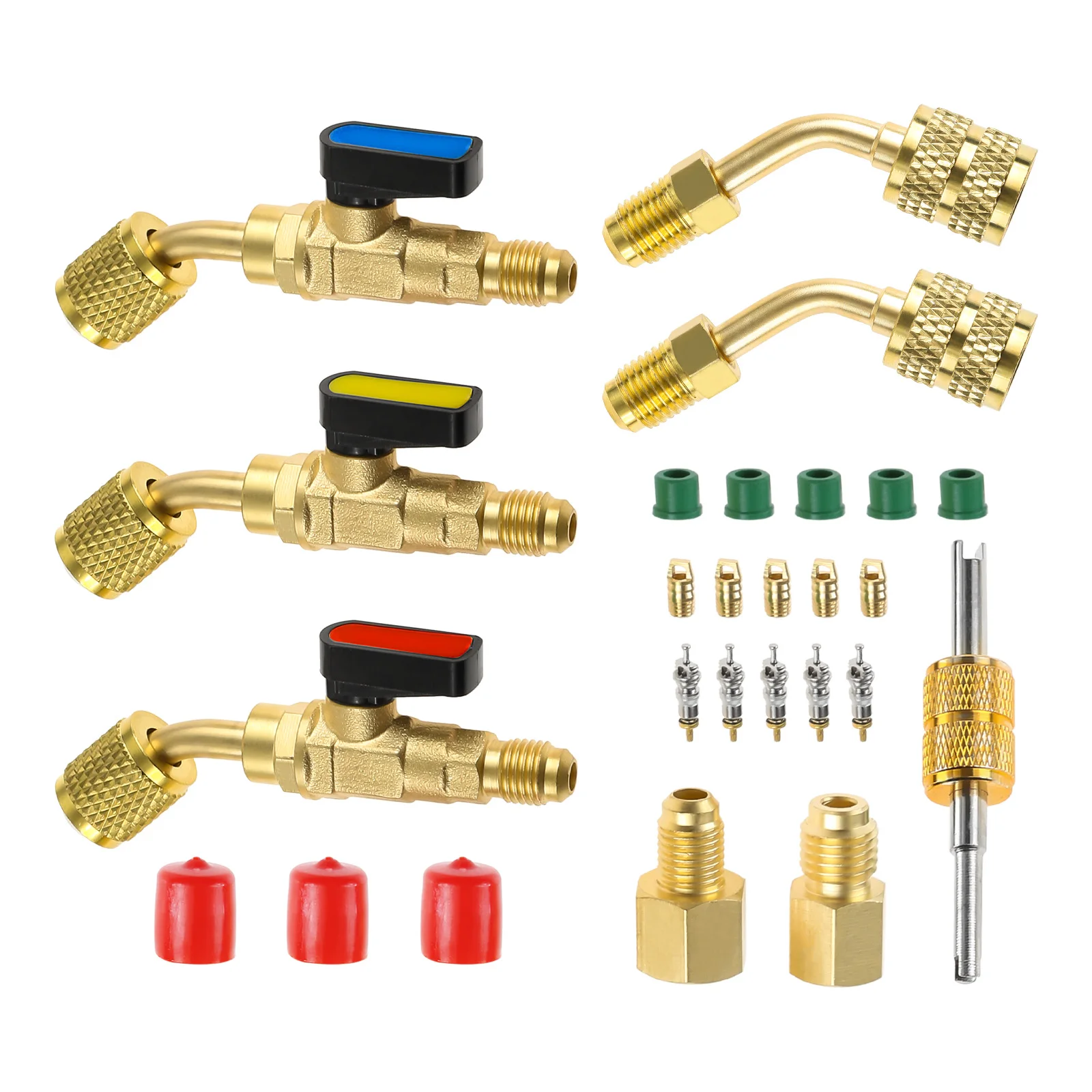 28 Pz/Set Valvola A Sfera Angolata Refrigerante Aria Condizionata 1/4 "Sae Per R410A R134A R12 R22 Ac Hvac Con Adattatore Sae R410A Da 5/16"