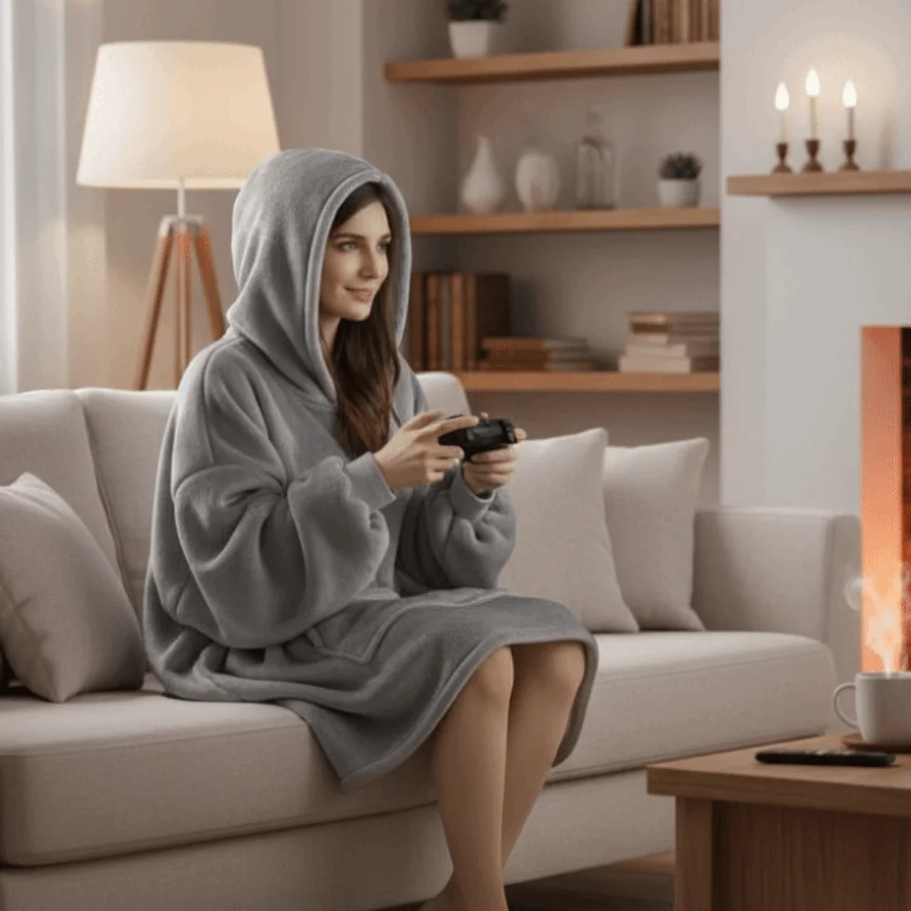 Solid Color Warm Flannel Robe Long Sleeve with Pocket Hooded Pajamas Comfortable Oversize Couples Wearable Robe Home Wear