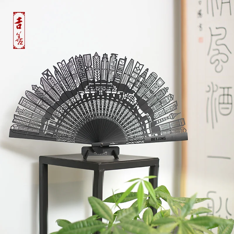 

Chinese Style Folding Fan Beijing City Female Fan Hollow Carving Bamboo FanPalace style