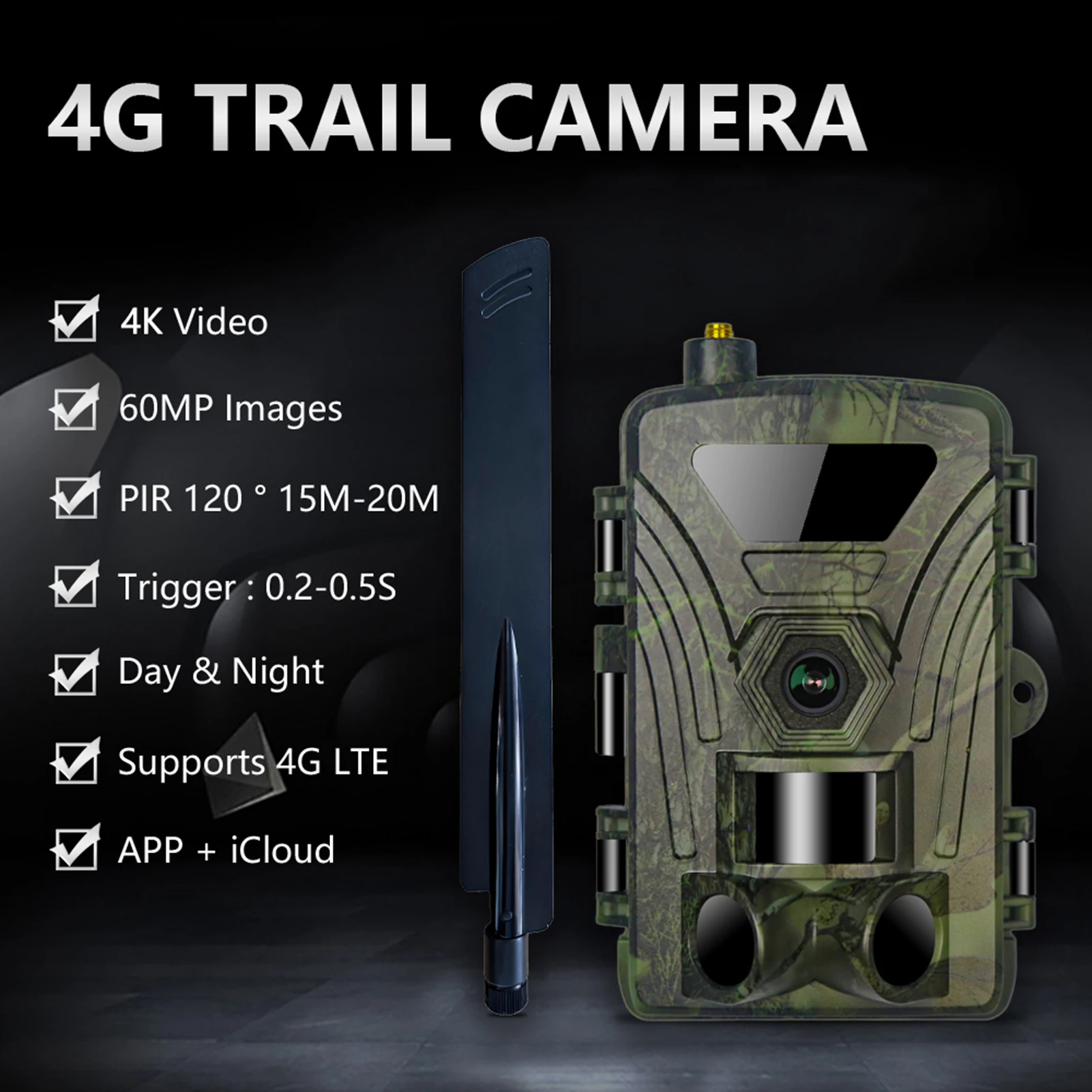 Caméra 4G 4K 60MP avec carte SIM déclenchement rapide vision nocturne pour surveillance pêche