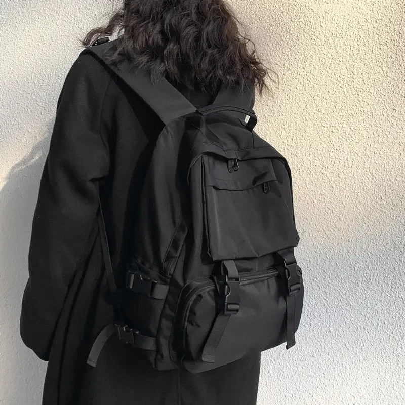 

Preppy Street Button Students Capacity Bag High Harajuku Solid Chic Unisex Backpacks Large Fashion Backpack Travel Retro Simple