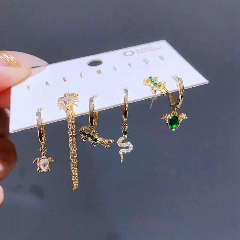 2023 New Design Cute Small Animal Pendant Dangle Earrings Set Gold Plated Green Cubic Zirconia Women Jewelry 3