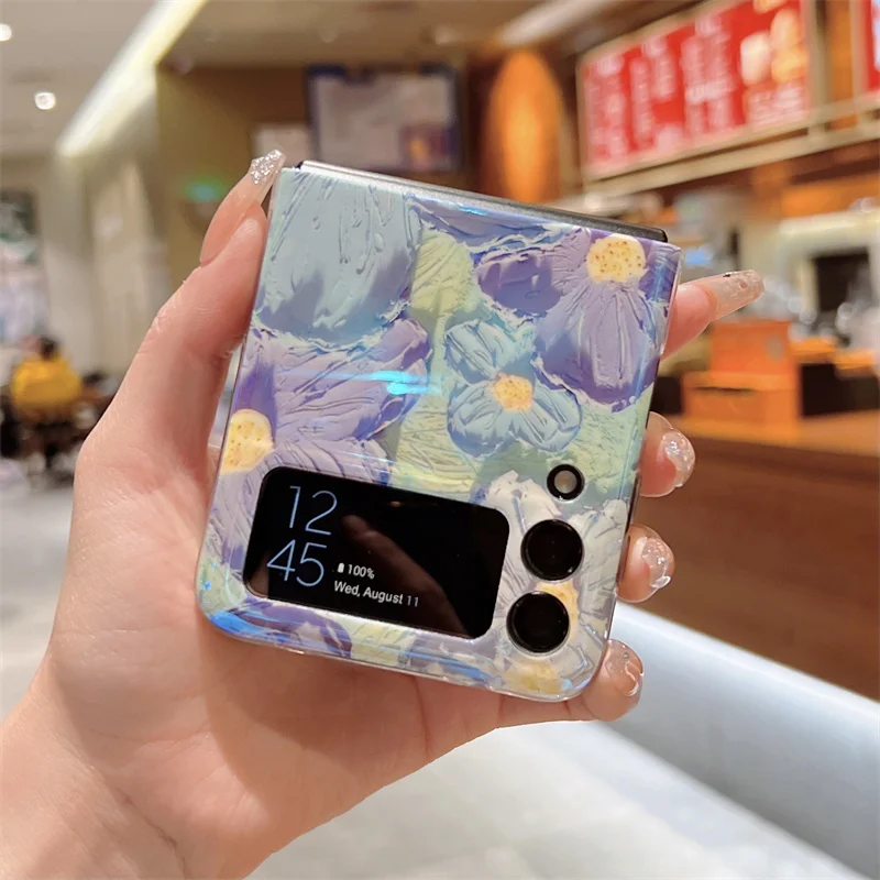 samsung galaxy z flip 3 5g case Cute Smile Flower Phone Case For Samsung Galaxy Z Flip 3 2 1 Cover Luxury Blu-ray Oil Painting Floral Hard Cases For Z Flip3 5G galaxy flip3 case