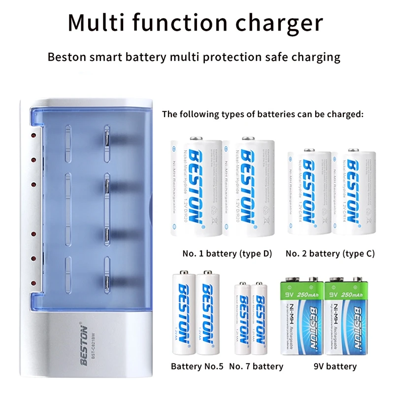 

BESTON Battery Charging Case 1/2/5/7/9V Nimh Battery 6 Slots LED Multi-Charger For AA/AAA/C/D Type Battery Charging