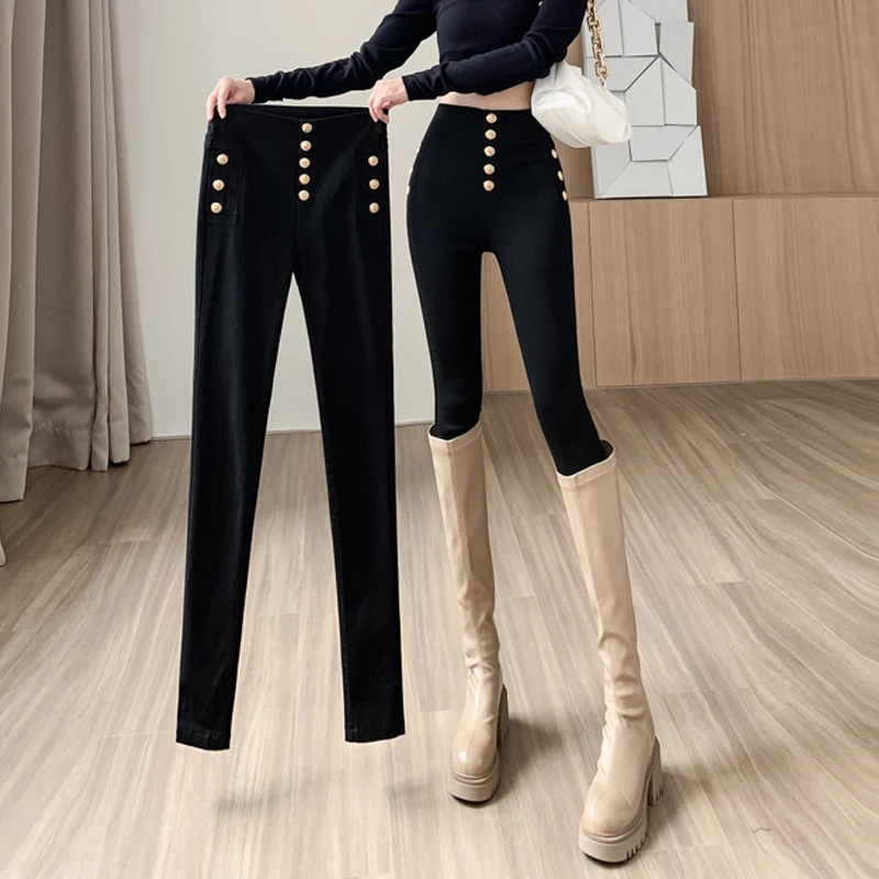 

Модные женские брюки новинка осень 2023 эластичные двубортные облегающие брюки с высокой талией женские брюки