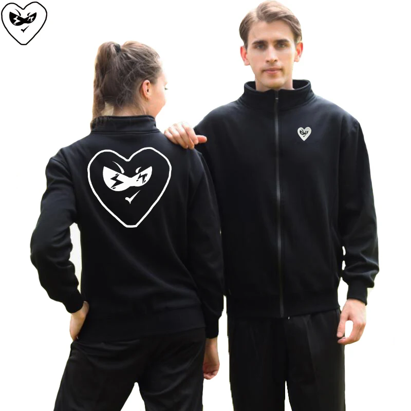 

Men Women Autumn Winter Jacket Heart Shaped Embroidery Hollow Out Print Cotton Fleece Mock Neck Zipper Pocket Sweater