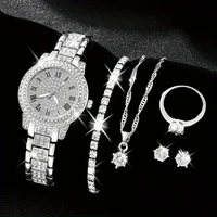 6pcs/set Women's Watch Luxury Rhinestone Quartz Watch Shiny Fashion Analog Wrist Watch & Jewelry Set, Gift For Mom Her 1