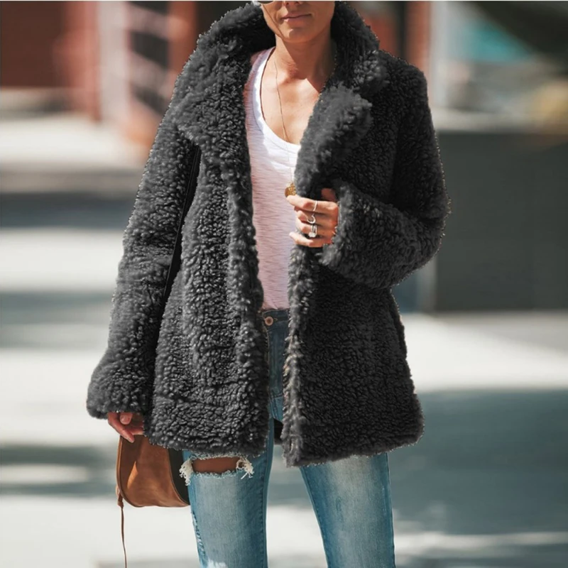 

Autumn and Winter European and American 2021 Fashion Plush Jacket Loose Lapel Solid Color Long-sleeved Jacket Cardigan Women