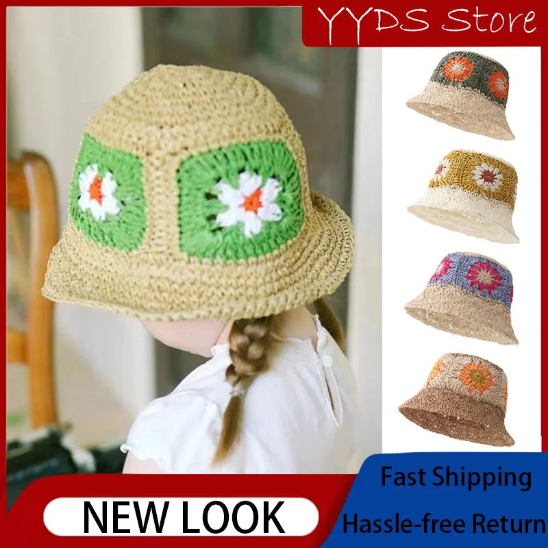 Ins Hand Hook Flower Kids Shade Fisherman Hat Summer Thin Breathable Beach Straw Hat Parent-child Paper Straw Hat